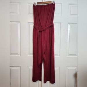 Zesica Strapless Wide Leg Belted  Burgundy Women's Jumpsuit Size L   NWOT